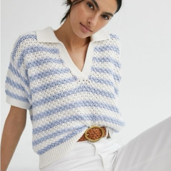Anthropologie Maeve Grace Blue White Stripe Collared Short Sleeve Knit Sweater - Picture 1 of 14